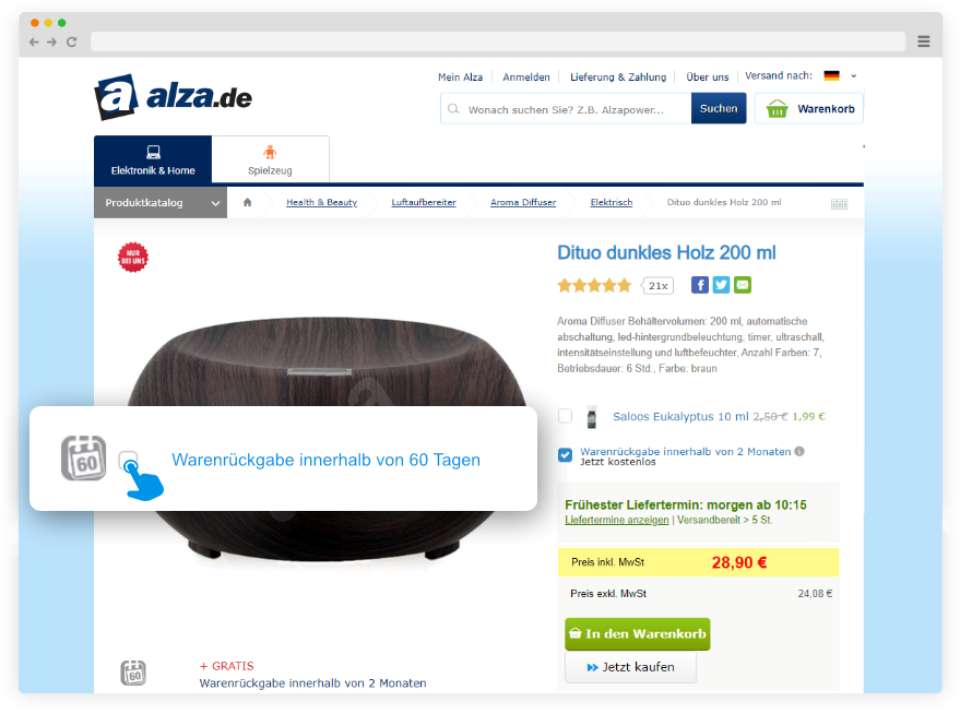 Serviceauswahl: Möglichkeit Ware bei ausgewählten Produkten innerhalb von 60 Tagen zurückzugeben