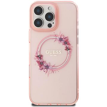 Guess IML Blumen Ring MagSafe Back Cover Für IPhone 16 Pro Max Rosa