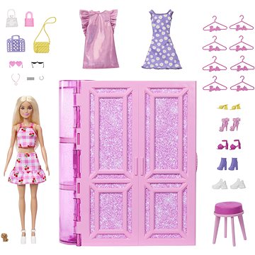 E-shop Barbie Dream Kleiderschrank in Pastellfarben mit Puppe, Kleidung und Accessoires