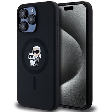 Karl Lagerfeld Liquid Silicone Karl And Choupette MagSafe Rückseitenhülle Für IPhone 15 Pro Max Schwarz