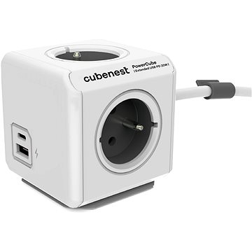 Cubenest Powercube Extended USB PD 20W, A+C, 4x Steckdose, 3m, Weiß/grau