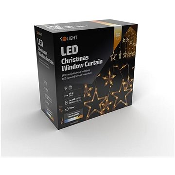 E-shop Solight LED Weihnachtsanhänger, Sterne, Breite 1,8m, 77LED, IP20, 3xAA, USB