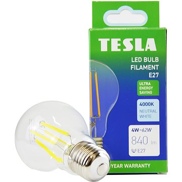 Tesla Filament A-Klasse, E27, 4 W, 840 Lm, 4000 K Tageslicht Weiß, 360°, Klar, 230 V, 25.000 Std