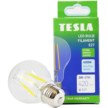 Tesla Filament A-Klasse, E27, 2 W, 420 Lm, 4000 K Tageslichtweiß, 360°, Klar, 230 V, 25.000 Std