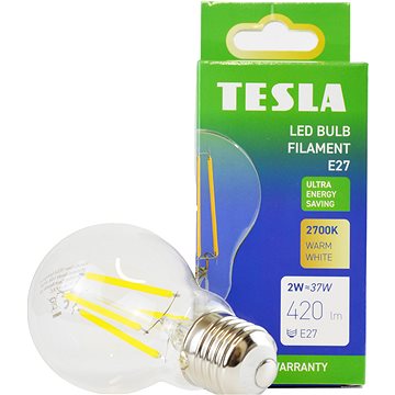 Tesla Filament A-Klasse, E27, 2 W, 420 Lm, 2700 K Warmweiß, 360°, Klar, 230 V, 25.000 Std