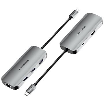 Vention USB-C Auf HDMI / USB 3.0 X 3 / RJ45 / PD Docking Station 0,15 M Gray Aluminum