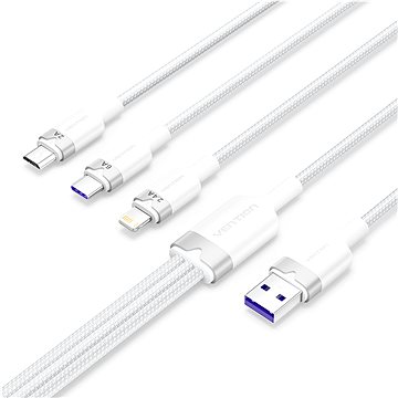 Vention USB 2.0 A Male To 3-in-1 USB-C & Lightning & Micro-B Male 6A Cable 1.5M White Aluminum Alloy