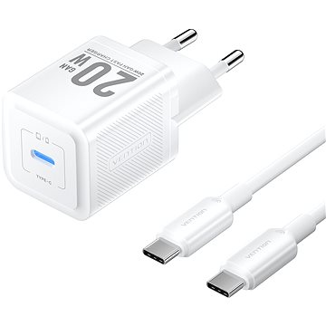 Vention 1-Port USB-C GaN Charger (20W) With USB-C To USB-C Cable (1M) EU-Plug White