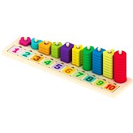 Holzpuzzle mit farbigen Würfeln und Zahlen - Ringe zum Auffädeln