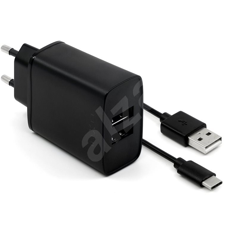 FESTE Smart Rapid Charge 15W mit 2xUSB Ausgang und USB / USB-C Kabel 1m schwarz - Netzladegerät