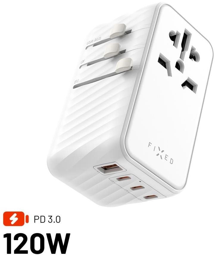 FIXED Voyager Travel GaN PD 120 W für EU UK und USA/AUS mit 3xUSB-C und 1xUSB White Image